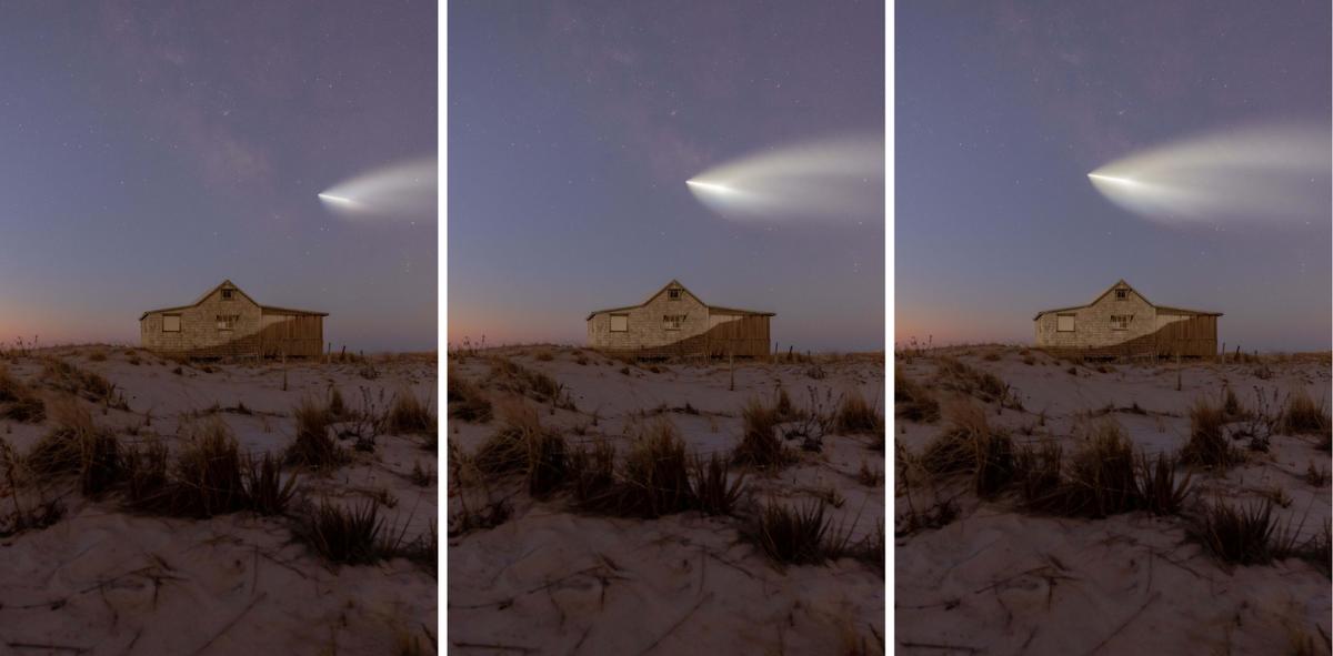 A time-lapse shot that Mike Carroll captured of the rocket flying over the shack. (Kennedy News and Media)