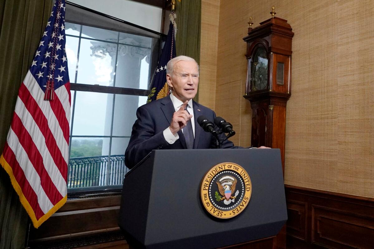 President Joe Biden speaks from the Treaty Room in the White House about the withdrawal of U.S. troops from Afghanistan, in Washington, on April 14, 2021. (Andrew Harnik/Pool/Getty Images)