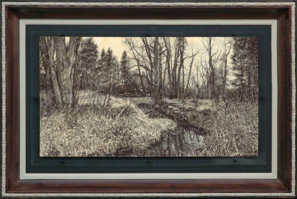"Late Autumn on Mica Creek," 2018, by Steve Wineinger. Charcoal over watercolor wash on cold pressed board; 19 1/4 inches by 36 inches. (Steve Wineinger)