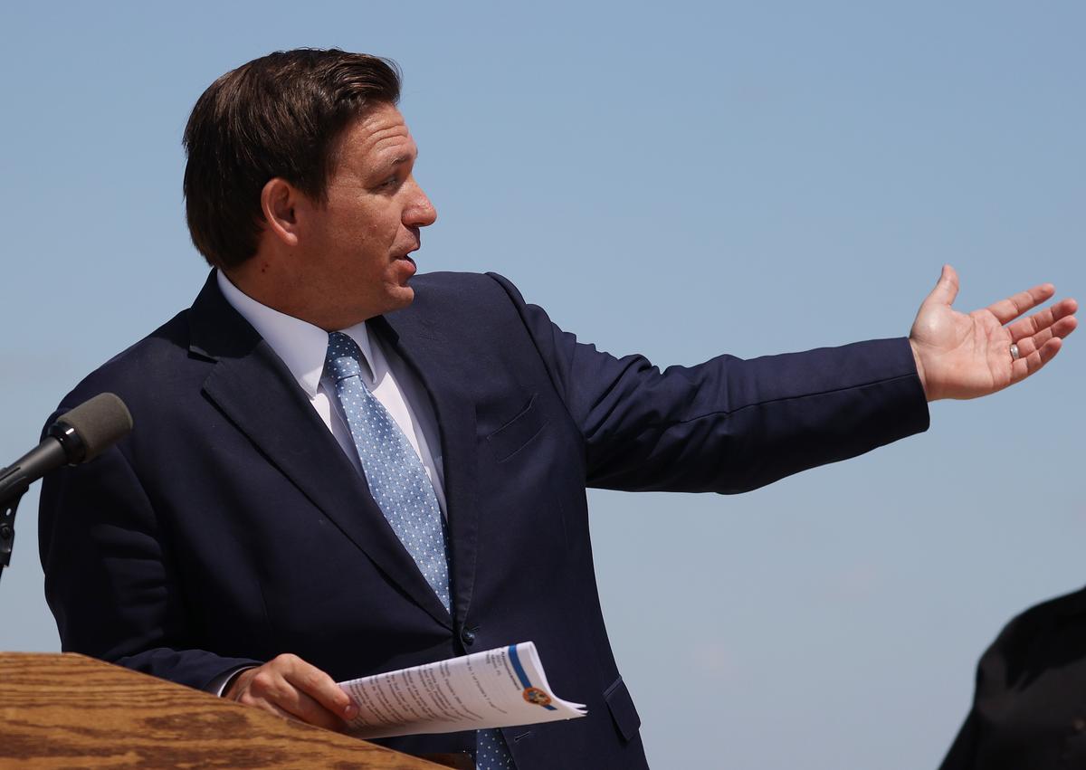 Florida Gov. Ron DeSantis speaks to the media about the cruise industry during a press conference at PortMiami in Miami, Florida, on April 8, 2021. (Joe Raedle/Getty Images)