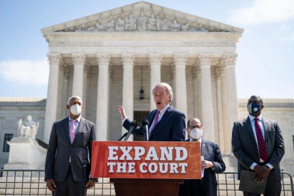 (L-R) Rep. Hank Johnson (D-Ga.), Sen. Ed Markey (D-Mass.), House Judiciary Committee Chairman Rep. Jerrold Nadler (D-N.Y.), and Rep. Mondaire Jones (D-N.Y.) hold a press conference in front of the U.S. Supreme Court on April 15, 2021. (Drew Angerer/Getty Images)