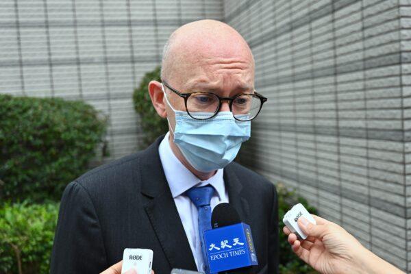 Charles Whiteley, deputy head of the European Union Office to Hong Kong and Macao, speaks to reporters outside of the West Kowloon court building in Hong Kong on April 16, 2021. (Sung Pi-lung/The Epoch Times)