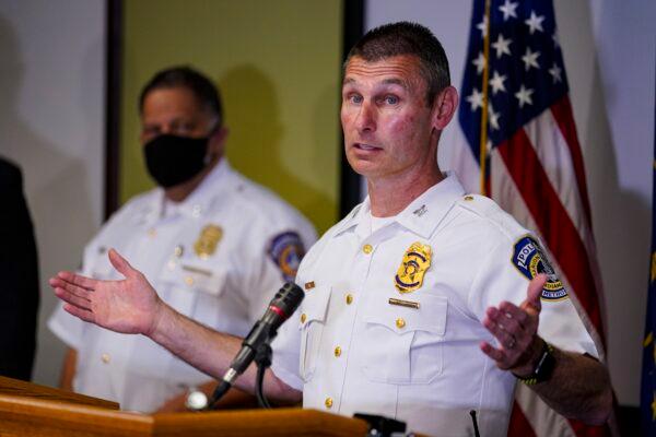 Deputy Chief Craig McCartt of the Indianapolis Metropolitan Police Department speaks at a news conference following a shooting at a FedEx facility in Indianapolis, on April 16, 2021. (Michael Conroy/AP Photo)