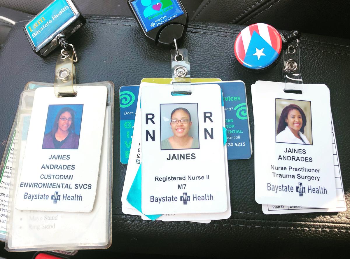 Jaines Andrade's ID badges show her progression from custodian to nurse to nurse practitioner at Baystate Health in Springfield, Mass. (SWNS)