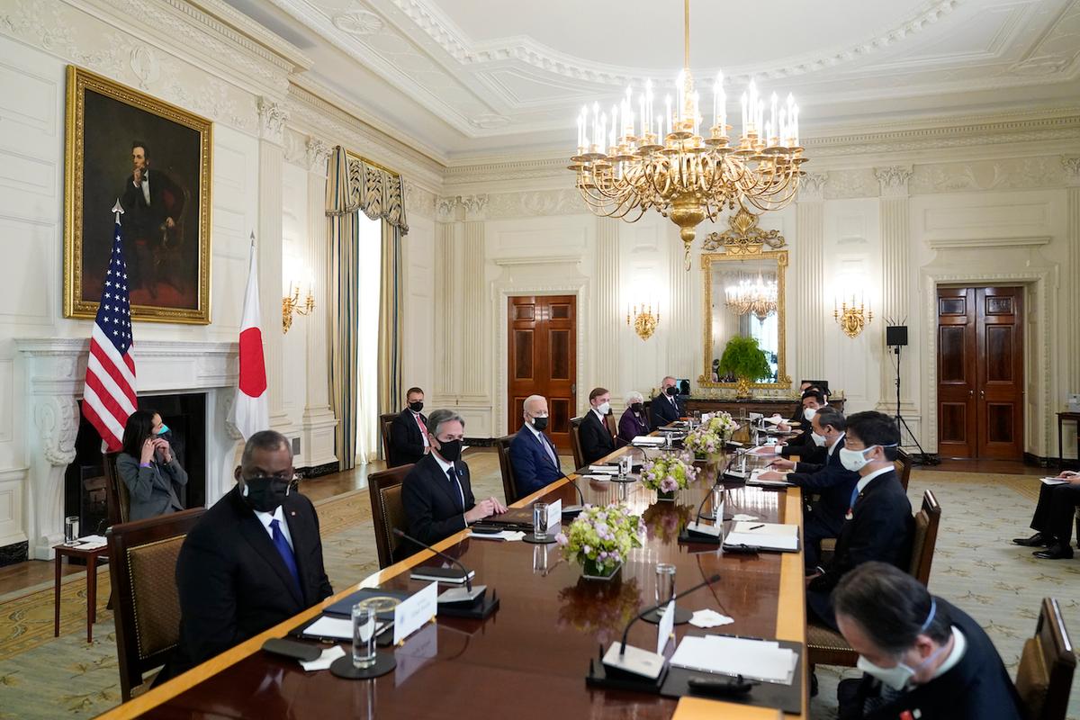 President Joe Biden meets with Japanese Prime Minister Yoshihide Suga in the State Dining Room of the White House in Washington on April 16, 2021. At left are Defense Secretary Lloyd Austin and Secretary of State Antony Blinken. (Andrew Harnik/AP Photo)