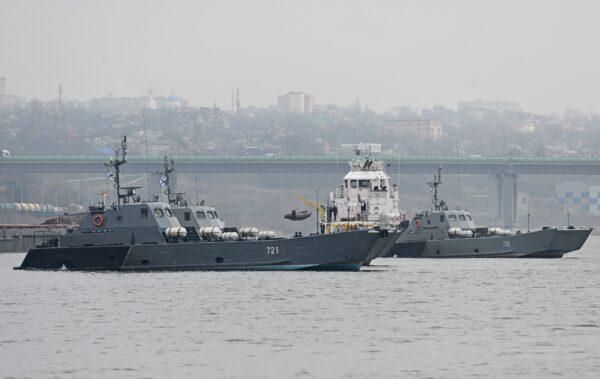 Landing craft of the Russian Navy's Caspian Flotilla are pictured on the Don River during the inter-fleet move from the Caspian Sea to the Black Sea, on the outskirts of Rostov-on-Don, Russia, on Apr. 12, 2021. (Sergey Pivovarov/Reuters)