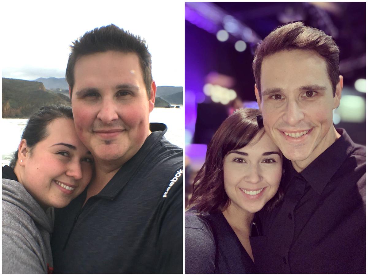 Raquel and Dustin Hal before and after weight loss. (SWNS)