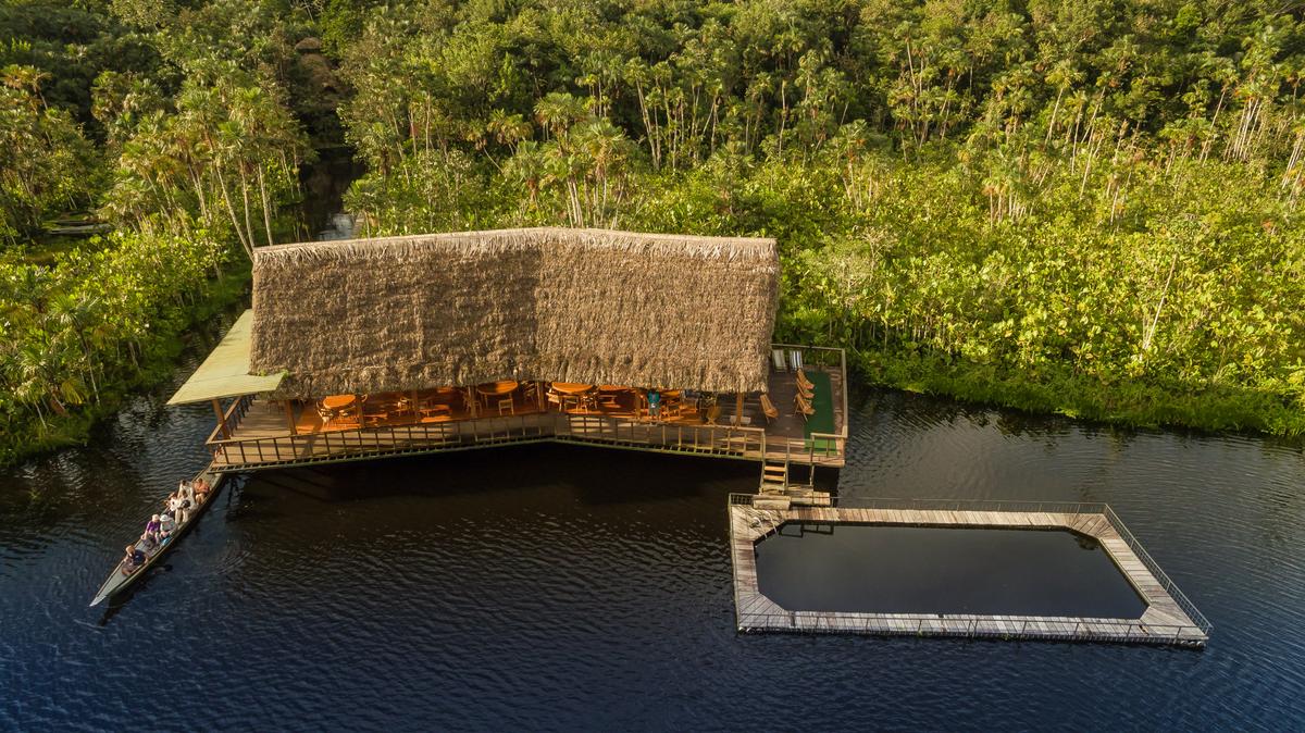 An aerial view of the Balsa Restaurante, boat dock, and swimming area at the Sacha Lodge. (Courtesy of Sacha Lodge)