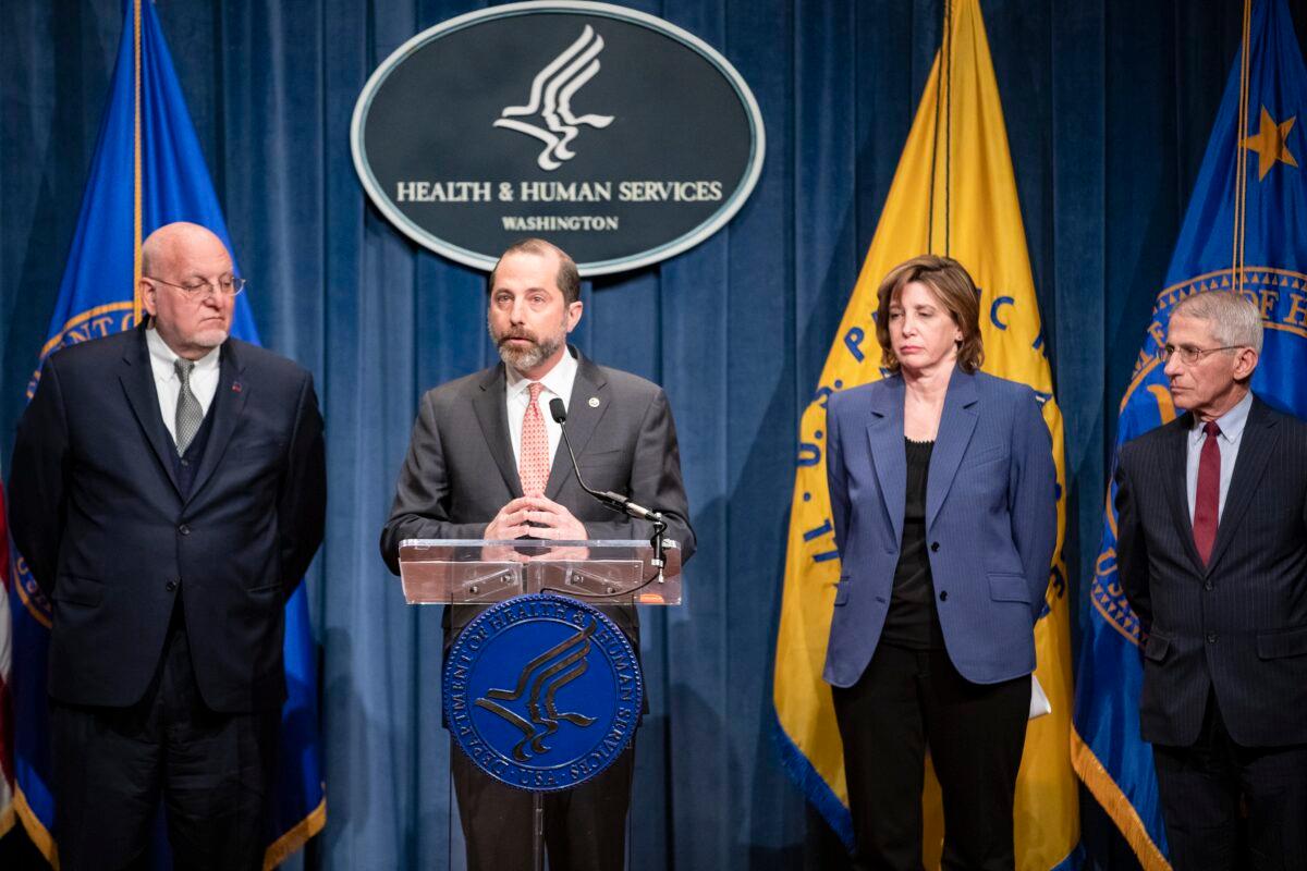 Health and Human Services Secretary Alex Azar speaks during a press conference on the coordinated public health response to the 2019 coronavirus (2019-nCoV) in Washington, D.C., on Jan. 28, 2020. (L-R) CDC Director Robert Redfield, Secretary Alex Azar, NCIRD Director Nancy Messonnier, and NIAID Director Anthony Fauci. (Samuel Corum/Getty Images)