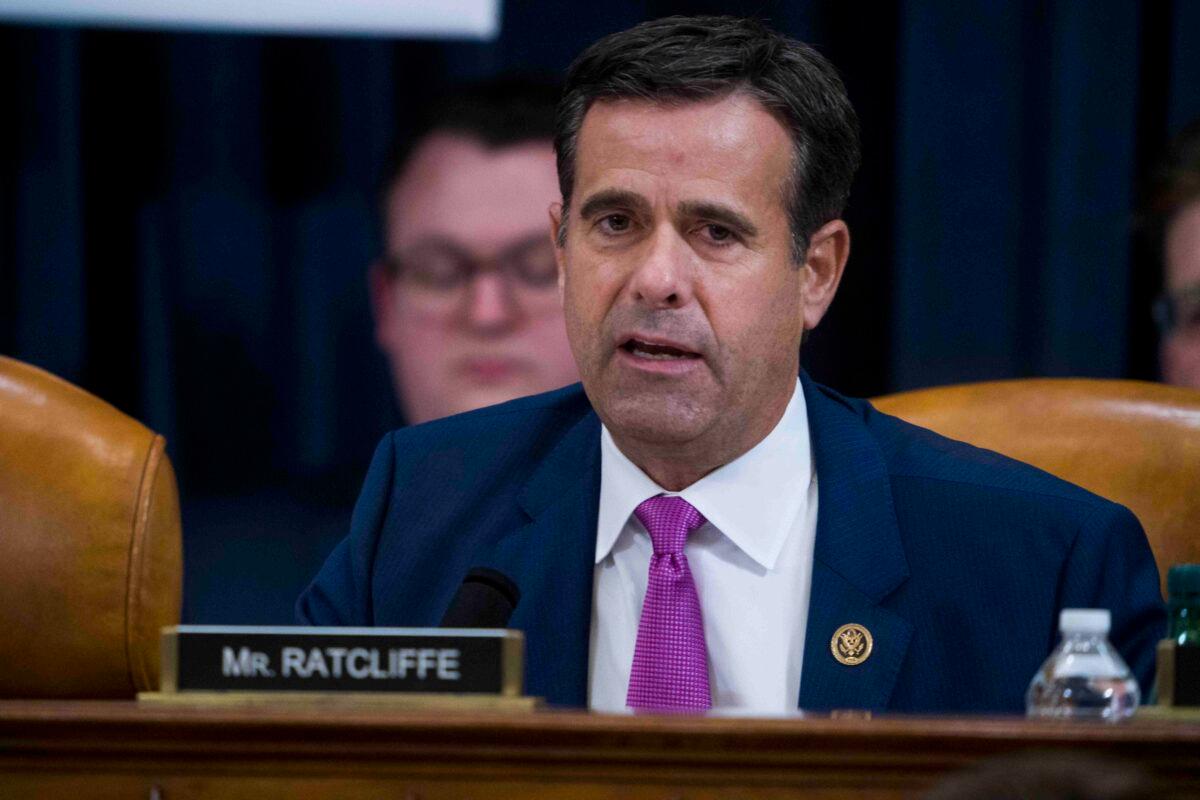 Rep. John Ratcliffe (R-TX) questions Intelligence Committee Minority Counsel Stephen Castor and Intelligence Committee Majority Counsel Daniel Goldman during the House impeachment inquiry hearings on Dec. 9, 2019. (Doug Mills/Pool/AFP via Getty Images)