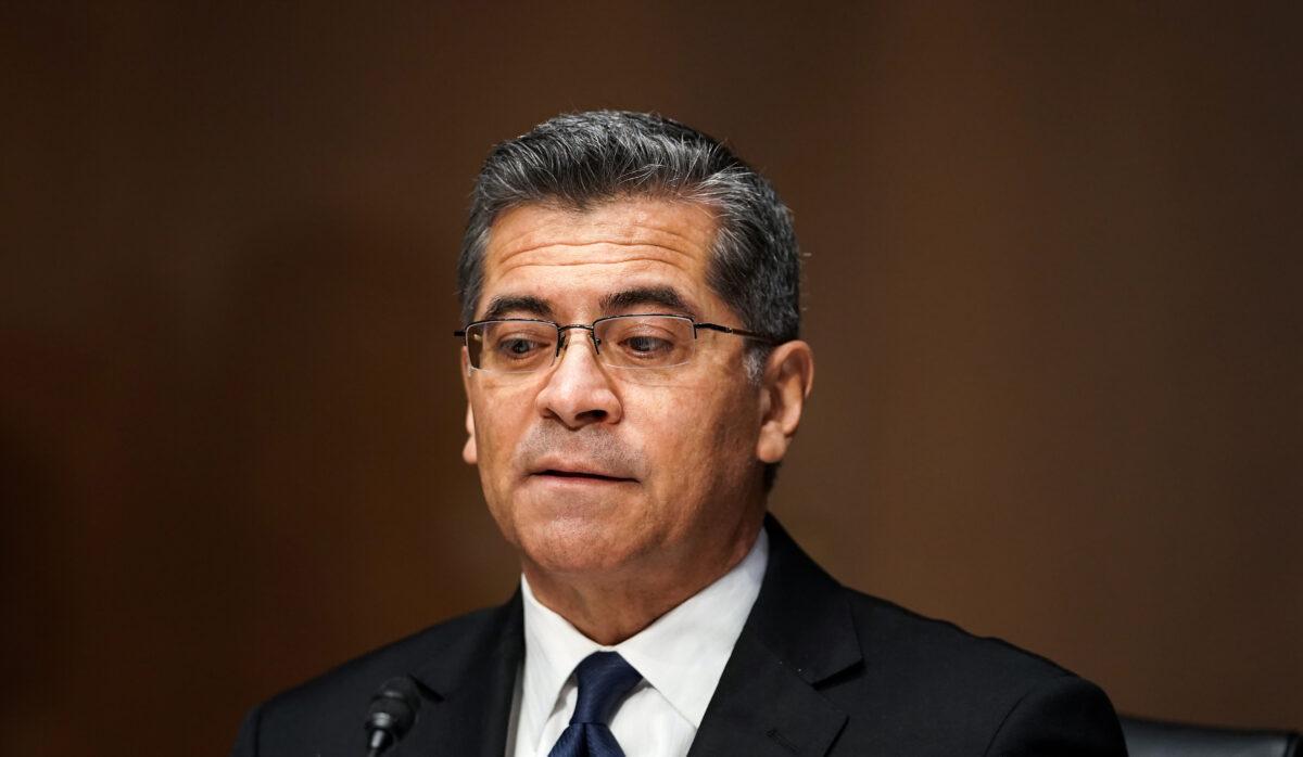 Xavier Becerra, nominee for Secretary of Health and Human Services, answers questions during his confirmation hearing before the Senate Finance Committee on Capitol Hill in Washington, D.C., on Feb. 24, 2021. ( Greg Nash-Pool/Getty Images)
