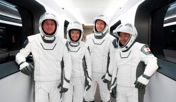 NASA astronauts Shane Kimbrough, from (L), and Megan McArthur, European Space Agency astronaut Thomas Pesquet and Japan Aerospace Exploration Agency astronaut Akihiko Hoshide during a dress rehearsal at the Kennedy Space Center in Cape Canaveral, Fla., on April 18, 2021. (SpaceX via AP)