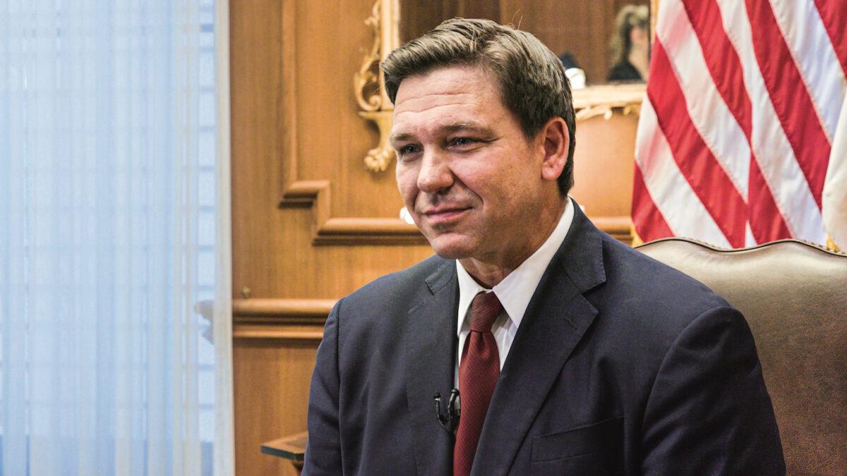 Floridа Gov. Ron DeSantis is seen during a meeting at the governor's office in Tallahassee, Fla., on April 1, 2021. (The Epoch Times)