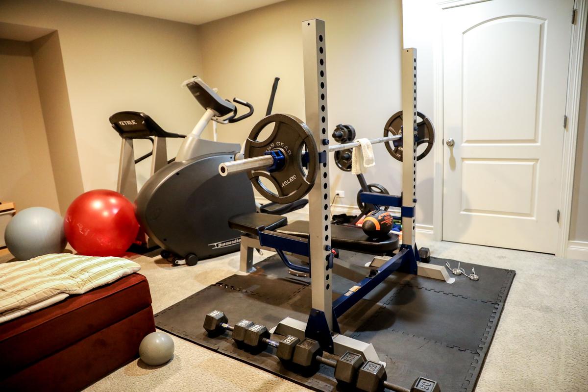 The workout room in the Buckner’s home basement, where Dylan Buckner spent a lot of time working out, in Northbrook, Ill., on April 16, 2021. (Samira Bouaou/The Epoch Times)