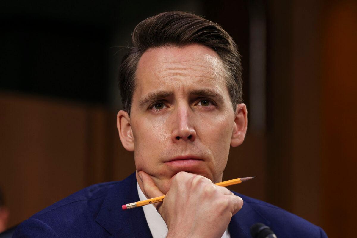 Sen. Josh Hawley (R-Mo.) looks on during a Senate Judiciary Committee hearing on voting rights on Capitol Hill in Washington on April 20, 2021. (Evelyn Kockstein/Pool/AFP via Getty Images)