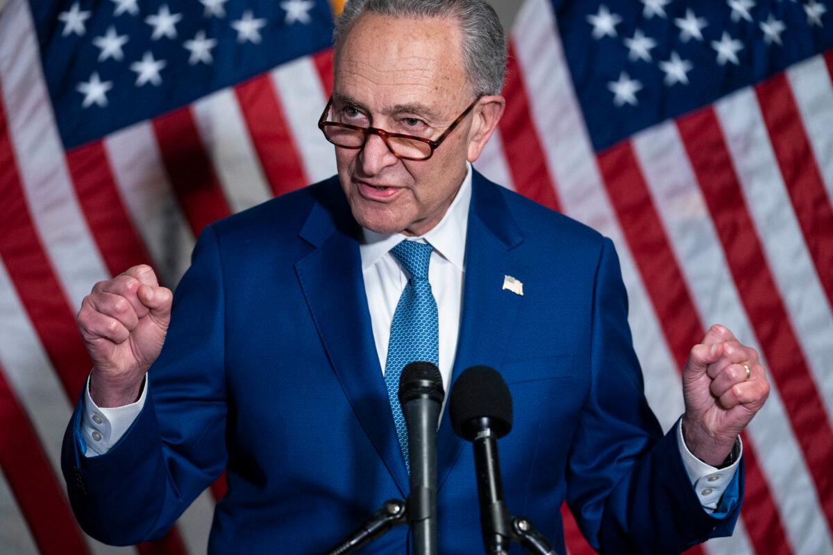 Senate Majority Leader Chuck Schumer (D-N.Y.) speaks during a news conference following the weekly Democratic policy luncheon on Capitol Hill on April 20, 2021. (Sarah Silbiger/Getty Images)