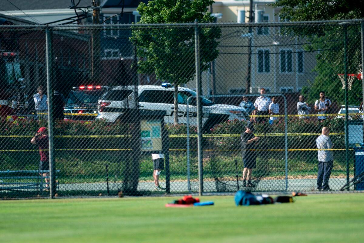 A view of a baseball field after a shooting during a practice of the Republican congressional baseball team at Eugene Simpson Statium Park in Alexandria, Va., on June 14, 2017. (Brendan Smialowski/AFP via Getty Images)