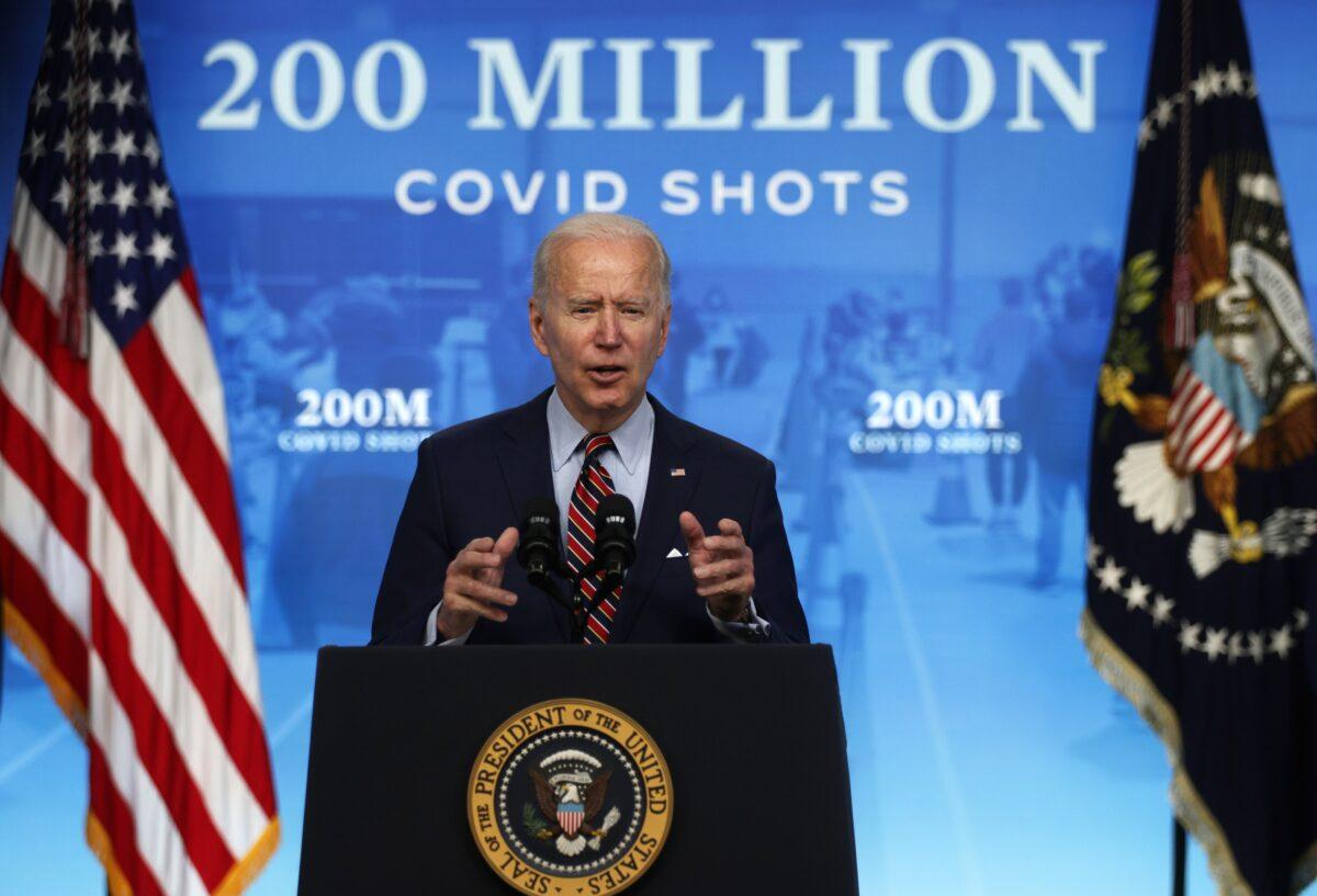 President Joe Biden delivers remarks on the COVID-19 response and the state of vaccinations at the South Court Auditorium of Eisenhower Executive Office Building in Washington, on April 21, 2021. (Alex Wong/Getty Images)