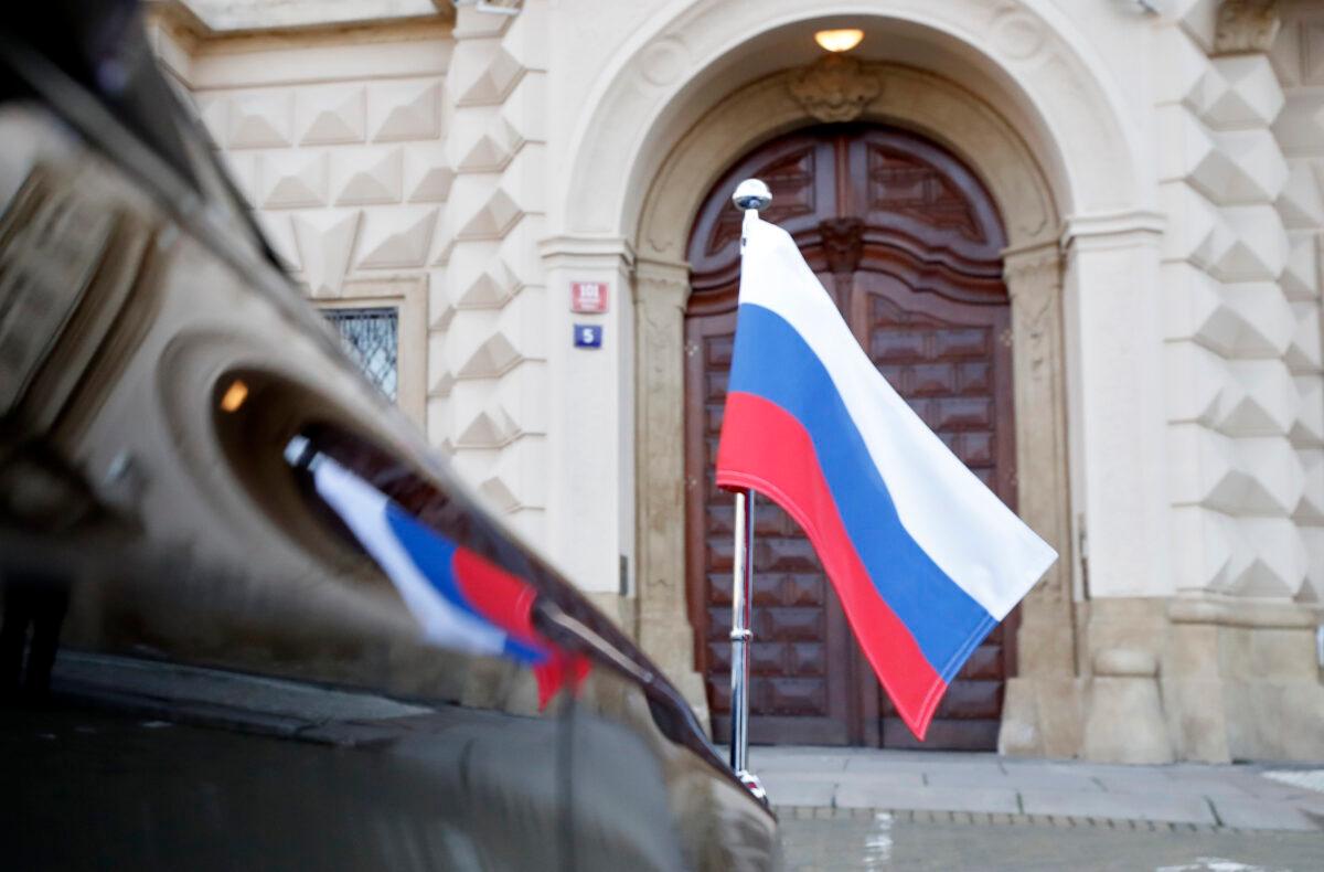 The car of Russia's ambassador to Prague, Aleksandr Zmeyevsky is parked in front of the Foreign Ministry in Prague, Czech, on April 21, 2021. (Petr David Josek/AP Photo)