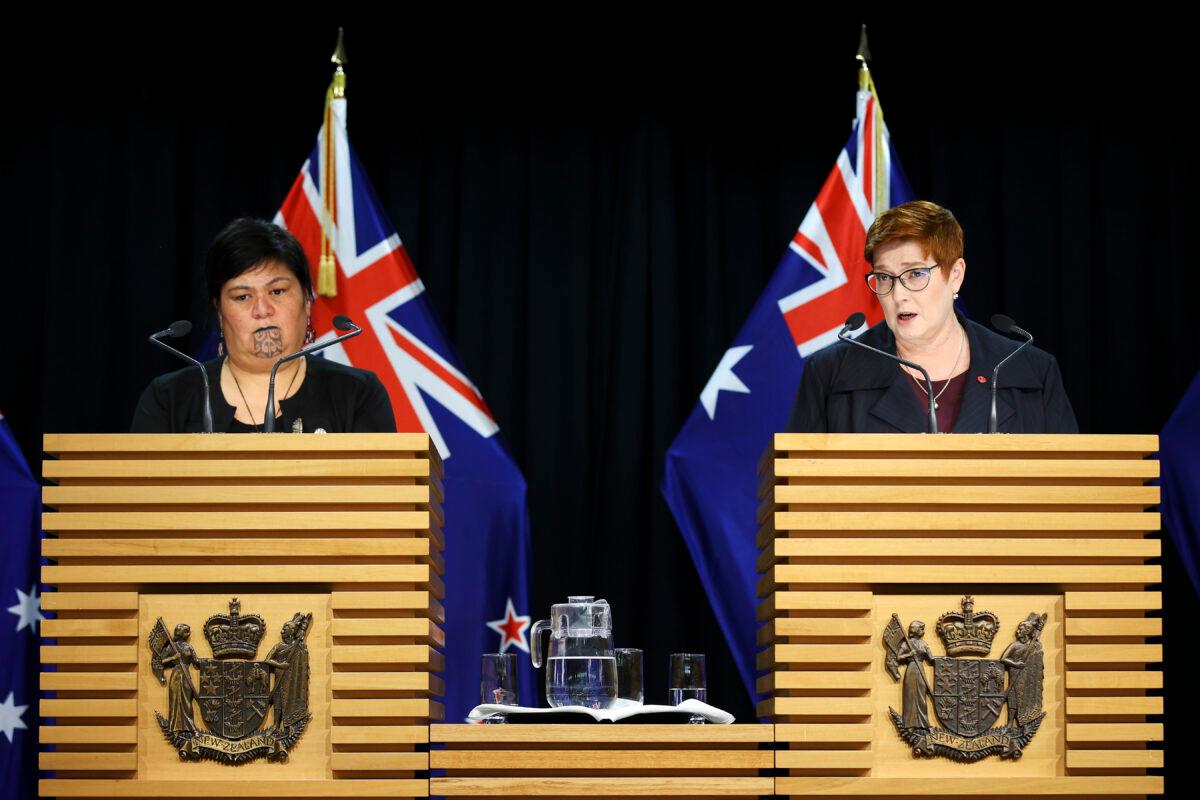 Minister of Foreign Affairs Nanaia Mahuta and Australian Foreign Minister Marise Payne speak to media during a press conference at Parliament in Wellington, New Zealand on April 22, 2021. (Hagen Hopkins/Getty Images)