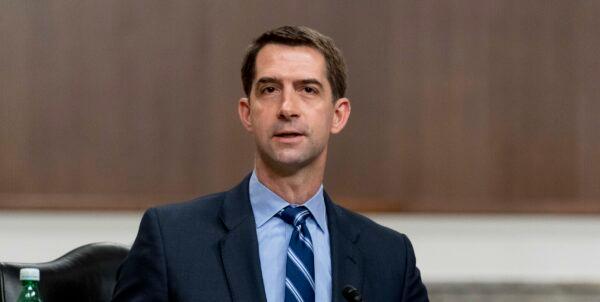 Sen. Tom Cotton (R-Ark.) speaks during a hearing to examine United States Special Operations Command and United States Cyber Command, in Washington on March 25, 2021. (Andrew Harnik-Pool/Getty Images)