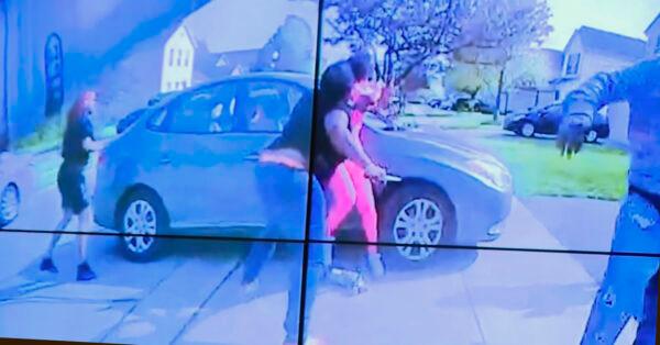 In an image from police bodycam video that the Columbus Police Department played during a news conference, Ma’Khia Bryant wields a knife while attacking another girl before being shot by a police officer, in Columbus, Ohio, on April 20, 2021. (Columbus Police Department via WSYX-TV via AP)