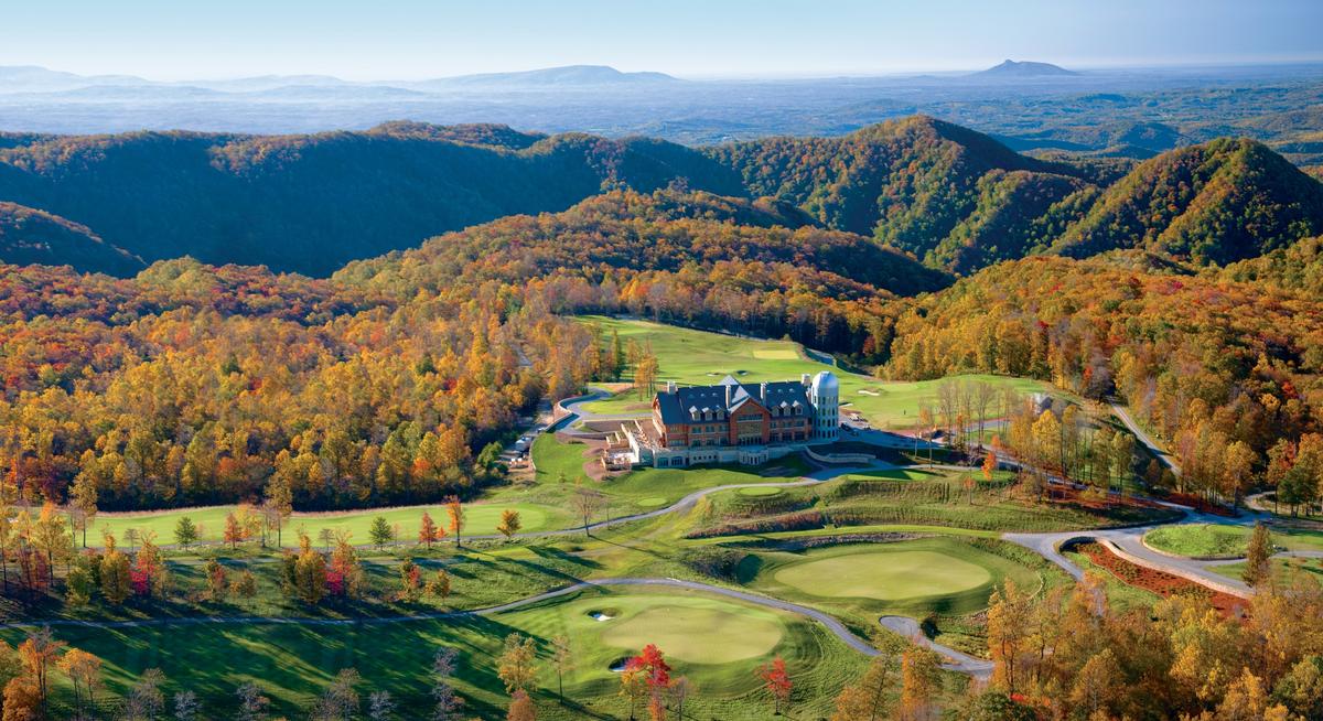 Fall colors surround Primland, a resort in Meadows of Dan, Virginia. The lodge is on the left, the observatory to the right. (Courtesy of Primland)