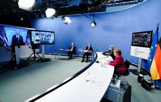 German Chancellor Angela Merkel takes part in the virtual international climate summit with US President Joe Biden in Berlin, Germany on April 22, 2021 (Kay Nietfeld - Pool/Getty Images)