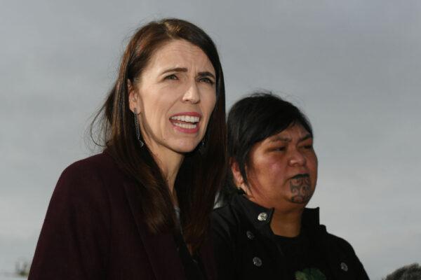 NZ Prime Minister Jacinda Ardern speaks to the media with Minister Nanaia Mahuta in Hastings, New Zealand, on July 08, 2020 (Kerry Marshall/Getty Images)