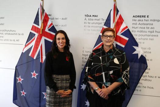 Australian Foreign Minister Marise Payne (R) and New Zealand Prime Minister Jacinda Ardern pose for a photograph in Auckland, New Zealand on April 23, 2021. (Fiona Goodall/Getty Images)