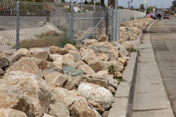 Rocks line where homeless people previously pitched their tents in Oceanside, Calif., on April 14, 2021. (John Fredricks/The Epoch Times)