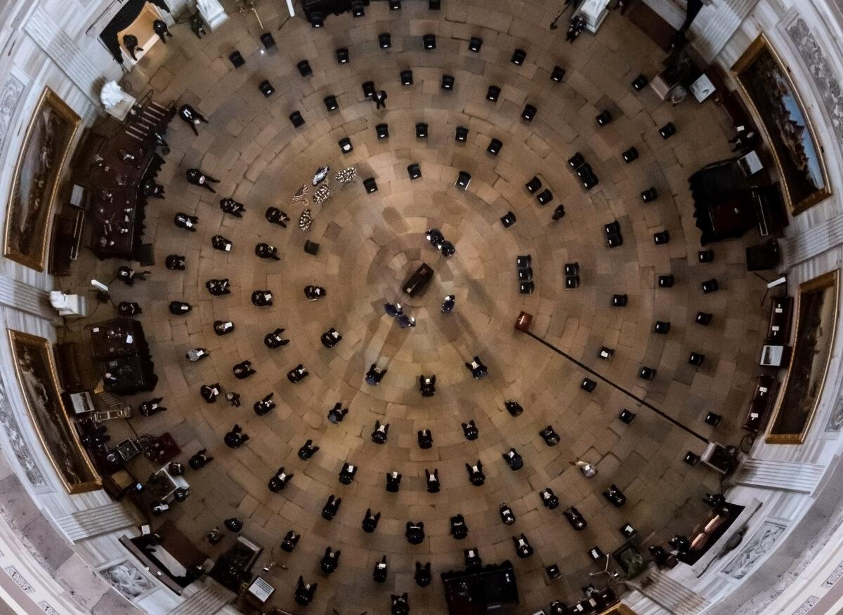 A funeral service is held for Capitol Police officer Brian Sicknick as he lies in honor in the Rotunda of the US Capitol in Washington on Feb. 3, 2021. (Kevin Dietsch/Pool/Getty Images)