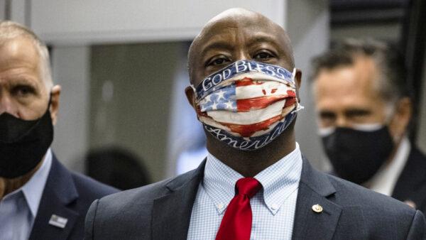 Sen. Tim Scott (R-SC) steps off the Senate subway on his way to a vote in the Senate at the U.S. Capitol in Washington on Nov. 12, 2020. (Samuel Corum/Getty Images)