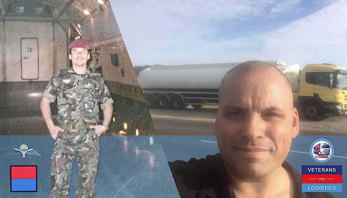 Darren Wright when he was in the army (L) and a more recent photo after returning home. (Courtesy of <a href="https://veteransintologistics.org.uk/">Veterans into Logistics</a>)
