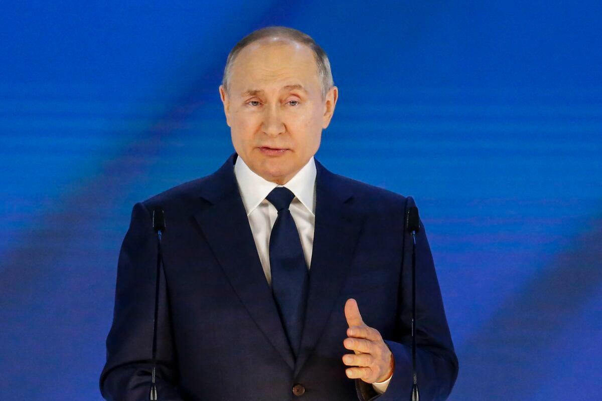 Russian President Vladimir Putin delivers his annual state of the nation address at The Federal Assembly at The Manezh Exhibition Hall in Moscow, on April 21, 2021. (Alexander Zemlianichenko/Pool/AFP via Getty Images)