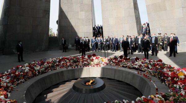 Armenian Prime Minister Nikol Pashinyan (C) attends a memorial service at the monument to the victims of mass killings by Ottoman Turks, to commemorate the 106th anniversary of the massacre, in Yerevan, Armenia, on April 24, 2021. (Tigran Mehrabyan/PAN Photo via AP)