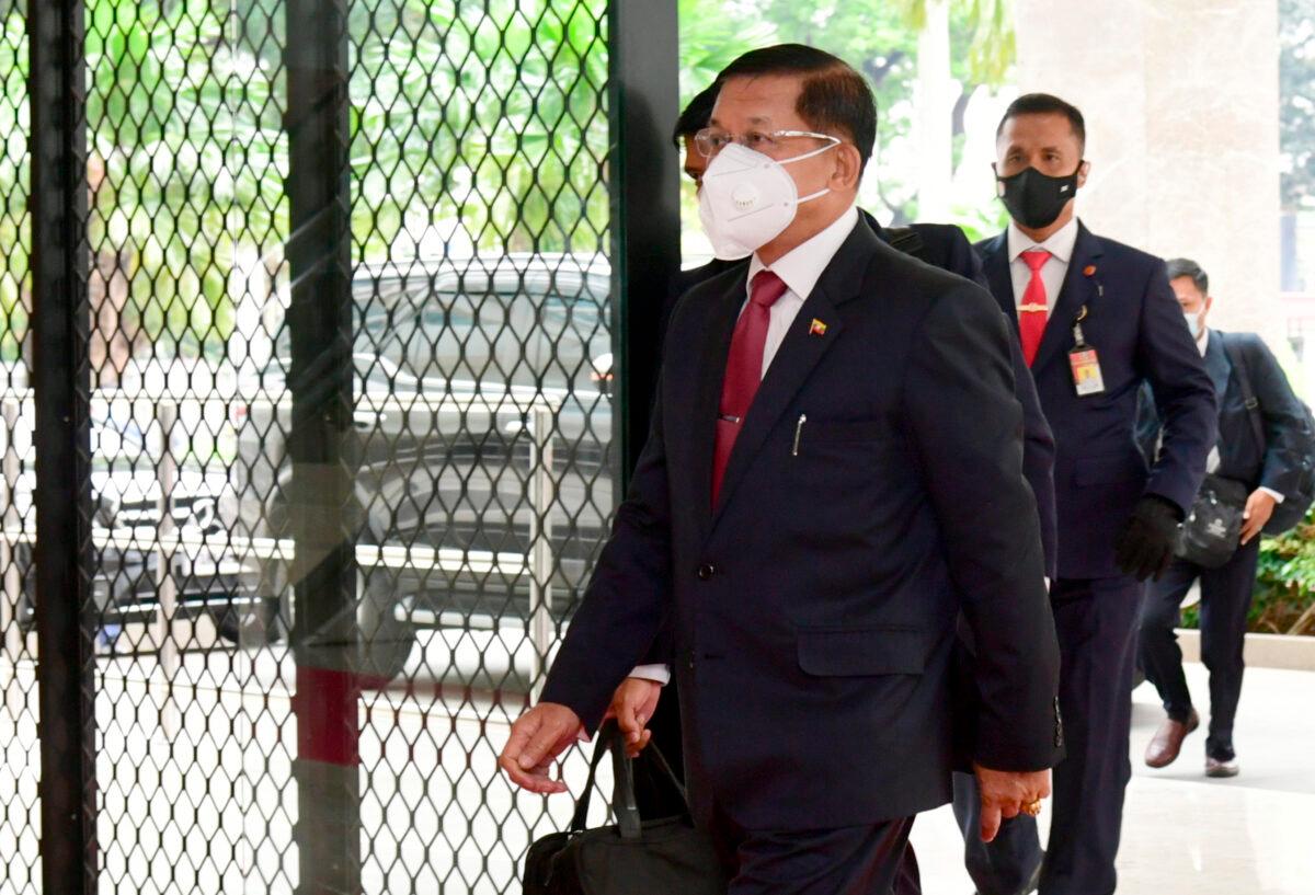Burma's Senior Gen. Min Aung Hlaing arrives for an ASEAN leaders' meeting at the ASEAN Secretariat in Jakarta, Indonesia, on April 24, 2021. (Muchlis Jr./Indonesian Presidential Palace via AP)