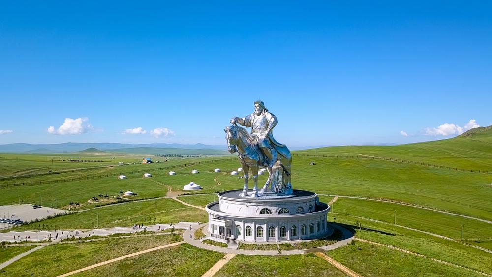 An aerial drone photo of the Genghis Khan Equestrian Statue, a 13-story-tall statue at Tsonjin Boldog near Ulaanbaatar, Mongolia. (Maykova Galina/Shutterstock)