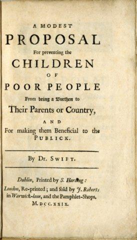 Title page of "A Modest Proposal" by Jonathan Swift. (public domain via Wikimedia Commons)