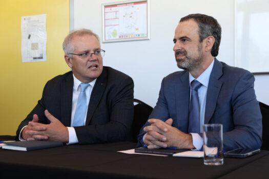 Australian Prime Minister Scott Morrison attends a meeting with AMA President Dr. Omar Khorshid and General Practitioners during a round table talk at the Stirling Community Centre in Perth, Australia, on Apr. 15, 2021. (Paul Kane/Getty Images)
