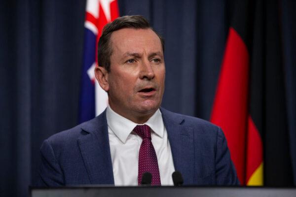 WA Premier Mark McGowan speaks to media at Dumas House in Perth, Australia, on Apr. 23, 2021. (Matt Jelonek/Getty Images)