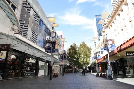 A general view of Hay St mall in Perth, Australia on April 24, 2021. Lockdown restrictions were in place across the Perth and Peel regions of Western Australia following the discovery of COVID-19 cases in the community linked to hotel quarantine. (Paul Kane/Getty Images)