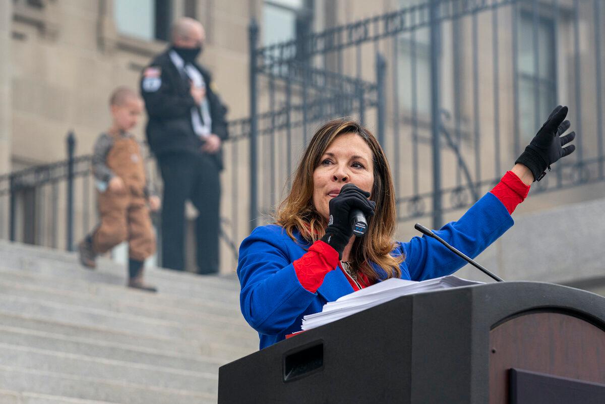 Idaho Lt. Gov. Janice McGeachin speaks during a mask burning event at the Idaho Statehouse in Boise, Idaho on March 6, 2021. (Nathan Howard/Getty Images)