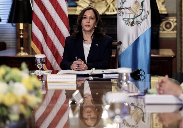 Vice President Kamala Harris listens while holding talks with Guatemala's President Alejandro Giammattei via video conference at the White House in Washington, D.C., on April 26, 2021. (Evelyn Hockstein/Reuters)