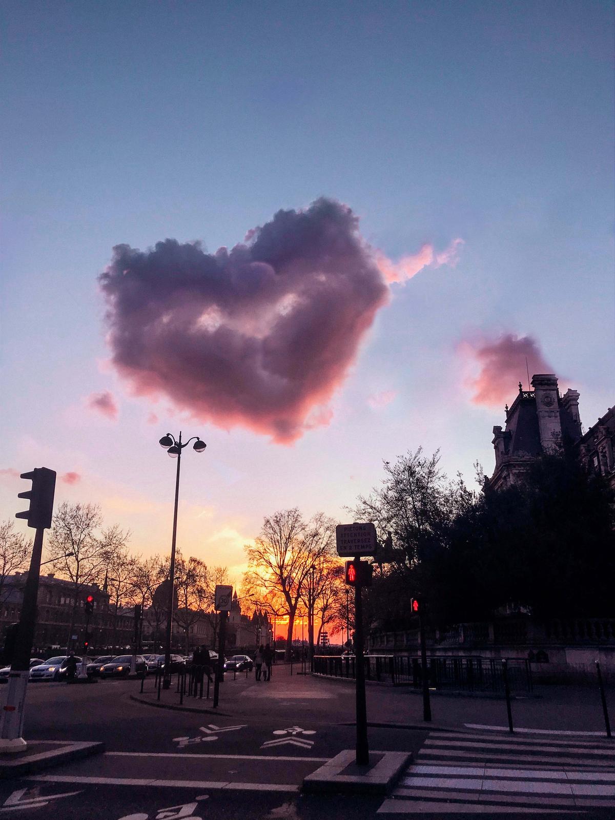 This stunning photograph shows a pink cloud perfectly shaped like a heart resting in the sky as the sun sets over Paris. (SWNS)