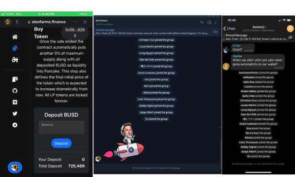 Caption: from left to right: a screenshot shared by Mr. Ray shows the total deposit of $725,489 shortly before the presale ended. Another screenshot shows 2,979 members in the ElonFarms Telegram group. After the presale and token losses, more joined the group, but the owner and self-claimed ElonFarms CEO ElonChef has closed out the group and sent a meme to everyone. The far-right screenshot shows the last question raised before the ElonFarms Telegram group was deleted. (Courtesy of Mr. Ray)