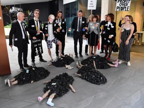 Protestors are seen during an Extinction Rebellion Protest in Brisbane, Thursday, April 22, 2021. (AAP Image/Darren England)