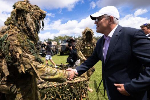 Prime Minister Scott Morrison during a visit to Australian Army base Robertson Barracks in Darwin, Australia, on April 28, 2021. (AAP Image/Charlie Bliss)