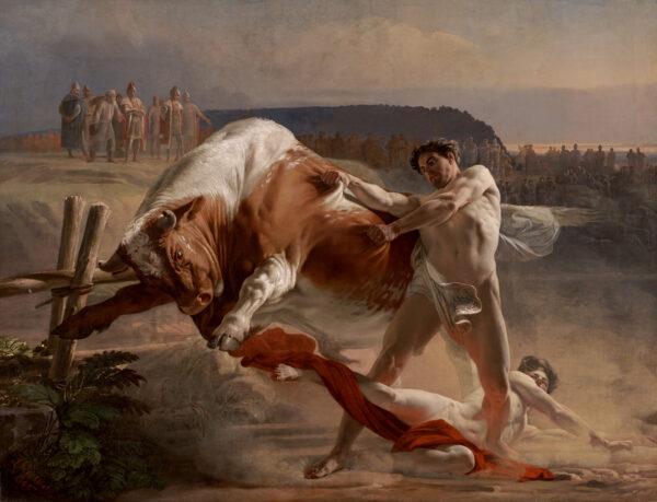 “Ian Usmovets Stopping an Angry Bull,” 1849, by Evgraf Semenovich Sorokin. Far Eastern Art Museum, Khabarovsk, Russia. (Public Domain)