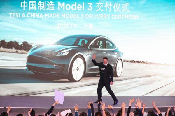 Tesla CEO Elon Musk gestures during the Tesla China-made Model 3 Delivery Ceremony in Shanghai on Jan. 7, 2020. (STR/AFP via Getty Images)